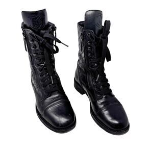Chanel Black Quilted Leather Lace Up Combat Boots CC Logo Ankle Boots EU 37